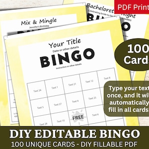 100 PDF de plantilla amarilla de acuarela de bingo editable, tarjeta de juego rellenable de bricolaje, relleno automático personalizado, personalizado haga su propio generador