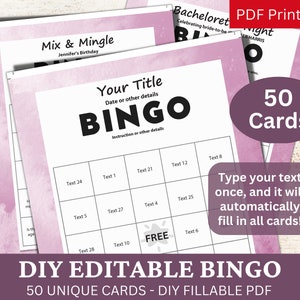 50 編集可能なビンゴ水彩バイオレット テンプレート PDF、DIY 記入可能ゲーム カード、カスタム自動記入、パーソナライズされた独自のジェネレーターの作成