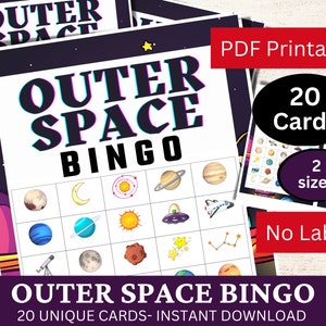 20 cartas de jogo de bingo no espaço sideral, atividade divertida de festa temática do sistema solar, jogo de aula de ciências para impressão, jogo de aniversário para crianças em PDF, ensino em casa