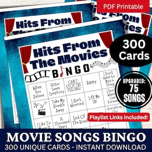 Film Soundtrack Songs Bingo 300 Karte, Musik Bingo mit Playlist, Freunde Wiedervereinigung Erwachsene druckbare Party Aktivität, Familientag Gathering Spiel