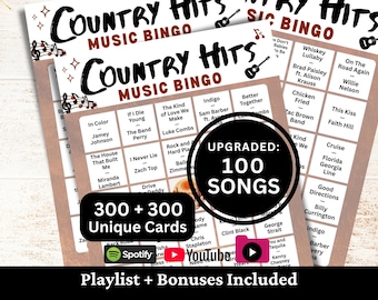 Bingo de éxitos country, 300 cartones, 100 listas de reproducción de canciones incluidas, PDF imprimible, descarga instantánea