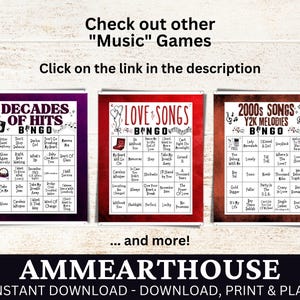 May include: Three printable bingo cards with a music theme. The cards are red, purple, and white with black text. The cards are titled "Decades of Hits", "Love Songs", and "2000s Songs Y2K Melodies".