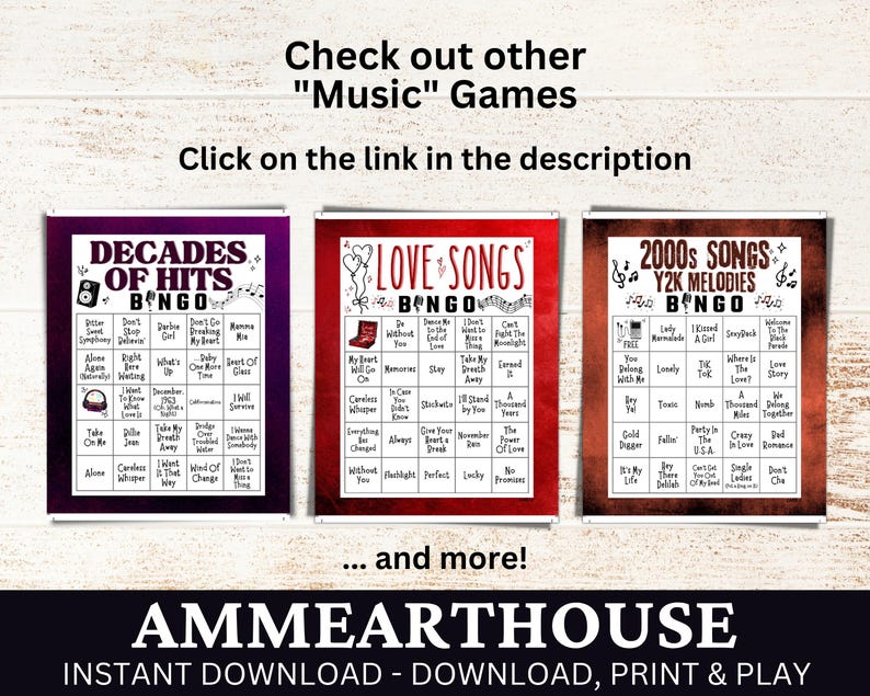 May include: Three printable bingo cards with a music theme. The cards are red, purple, and white with black text. The cards are titled "Decades of Hits", "Love Songs", and "2000s Songs Y2K Melodies".