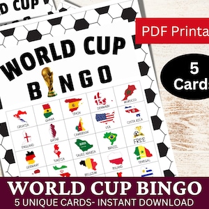 Cartão de jogo de bingo da Copa do Mundo 5 para adultos e crianças, conjunto de bandeiras do mapa do país, atividade de festa para assistir futebol para impressão, partida de futebol, jogo do Catar PDF