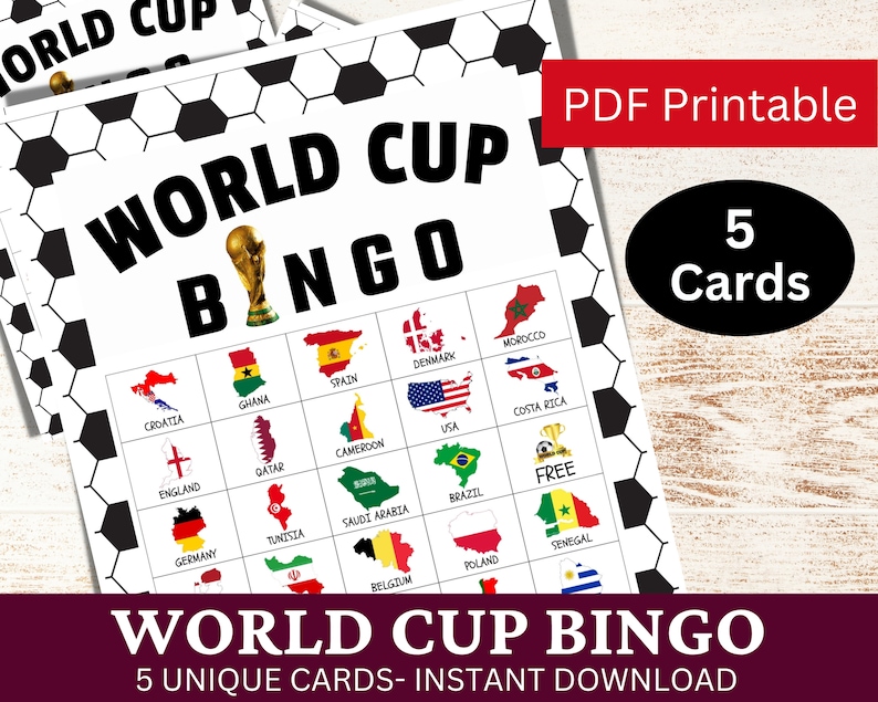 5 World Cup Bingo Game Card for Adult and Kids, Country Map Flag Set, Printable Soccer Watch