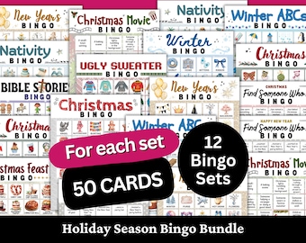 May include: A collection of 12 holiday-themed Bingo sets, each with 50 cards. Themes include Christmas, New Year's, Winter, and Nativity. The bundle is designed for festive gatherings and family fun.