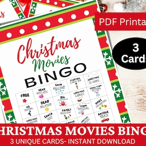 3 kerstfilms bingospelkaarten, leuke vakantiefeestactiviteit, winterfamiliespel afdrukbaar voor volwassenen en kinderen, kerstfilmnachtspel PDF