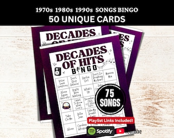 Decades of Hits Bingo 50 Card, 70s 80s 90s Party, Music Bingo with Playlist 75 Songs, 1990s 1980s 1970s Family Retro Gathering Game Activity