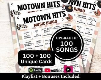 Klassieke r&b-soulmuziekbingo, 100 kaarten, inclusief afspeellijsten met 100 nummers, afdrukbare pdf-game, direct downloaden