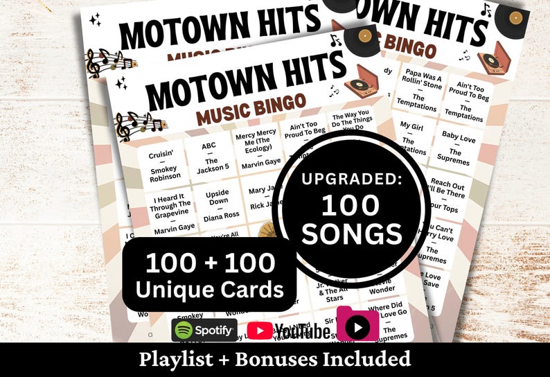 Printable Motown Hits Music Bingo game for parties, family gatherings, office events, fundraisers, and community game nights. Includes 100 soulful Motown classics and timeless hits from the golden era of rhythm and blues. Comes with 100 + 100 unique cards, Spotify, YouTube, and 1-minute snippets playlists, plus bonus extras.