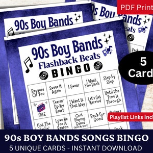 Gra Bingo z piosenkami zespołów chłopięcych z lat 90. XX wieku, 5 kart, muzyka retro Bingo z listą odtwarzania, aktywność na spotkanie przyjaciół z lat 90. dla dorosłych, impreza z okazji zjazdu rodzinnego