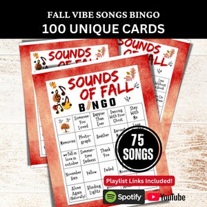 Carte de bingo 100 chansons avec chansons d&#39;automne, Bingo musical d&#39;automne avec liste de lecture, Rassemblement d&#39;anniversaire de jeu à imprimer avec musique, Activité de fête entre amis en famille