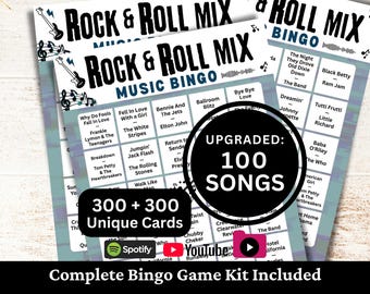 May include: A Rock & Roll Mix Music Bingo game kit featuring multiple printed cards with song titles and artist names. The cards include black text on a white grid with blue accents, featuring the text Upgraded: 100 Songs and 300 + 300 Unique Cards.