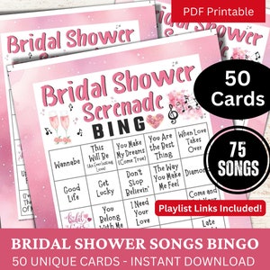 Bingo de 50 cartas con canciones para despedida de soltera, bingo de música para bodas con lista de reproducción, actividad para despedida de soltera, bingo de brunch con temática romántica para despedida de soltera