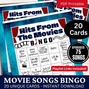 Bande originale de film chansons, carte de bingo-test, bingo musical avec liste de lecture, réunion d'amis, activité de fête imprimable pour adultes, jeu de réunion pour la fête de la famille