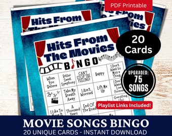 Bande originale de film chansons, carte de bingo-test, bingo musical avec liste de lecture, réunion d'amis, activité de fête imprimable pour adultes, jeu de réunion pour la fête de la famille