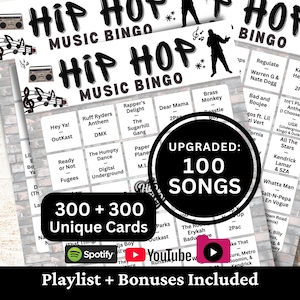 Hiphopnummers Bingo 300 kaarten, rapmuziekbingo met afspeellijst 100 nummers, Family Club Night Gathering afdrukbaar spel, activiteit verjaardagsfeestje afbeelding 1