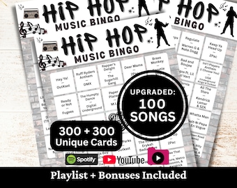 Hiphopnummers Bingo 300 kaarten, rapmuziekbingo met afspeellijst 100 nummers, Family Club Night Gathering afdrukbaar spel, activiteit verjaardagsfeestje