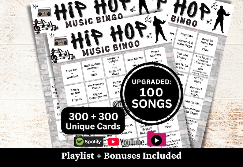 Hiphopnummers Bingo 300 kaarten, rapmuziekbingo met afspeellijst 100 nummers, Family Club Night Gathering afdrukbaar spel, activiteit verjaardagsfeestje afbeelding 1
