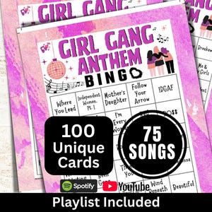 Girl Gang Songs Bingo 100 Card, Galentine's Day Party Game, Friendship Music Bingo with Playlist, Women Empowerment Theme Gathering Activity image 1