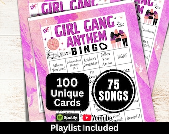 Girl Gang Songs Bingo 100 Card, Galentine's Day Party Game, Friendship Music Bingo with Playlist, Women Empowerment Theme Gathering Activity