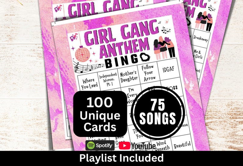 Girl Gang Songs Bingo 100 Card, Galentine's Day Party Game, Friendship Music Bingo with Playlist, Women Empowerment Theme Gathering Activity image 1