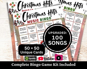 Christmas Songs Bingo 50 Cards, Best Xmas Songs Bingo with Playlist, Fun Family Holiday Party Activity, Winter Work Gathering Game Printable