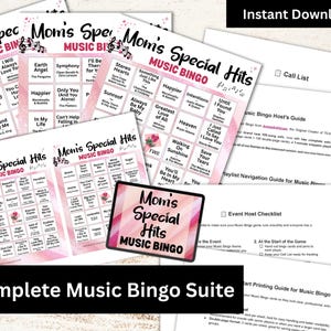 May include: A collection of music bingo game sheets with song titles, a host's guide, and a checklist. The bingo cards feature a pink and white design with the text "Mom's Special Hits Music Bingo". The words "Instant Download" are at the top.