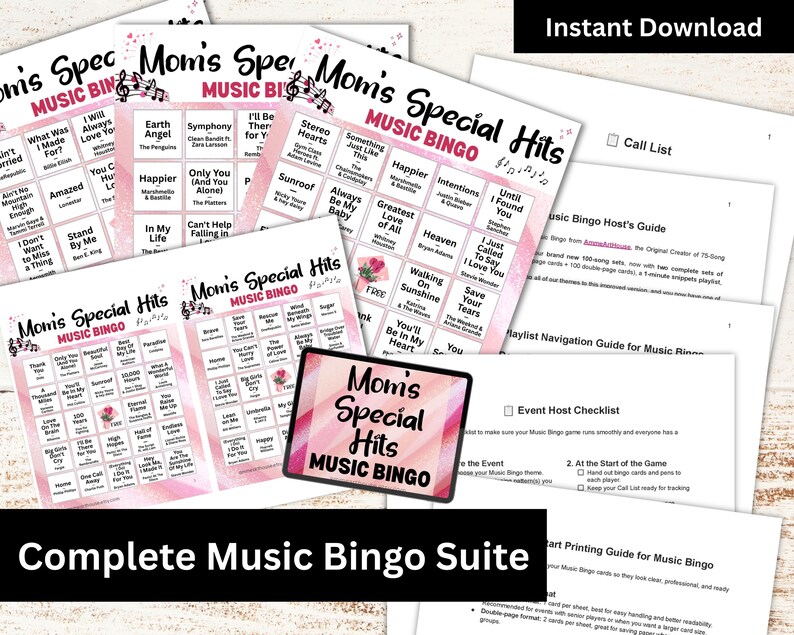 May include: A collection of music bingo game sheets with song titles, a host's guide, and a checklist. The bingo cards feature a pink and white design with the text "Mom's Special Hits Music Bingo". The words "Instant Download" are at the top.