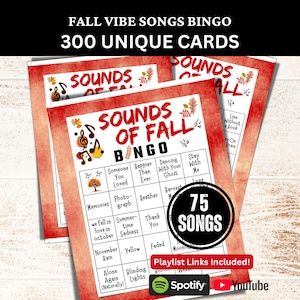 Carte de bingo 300 chansons de la saison d&#39;automne, Bingo musical avec ambiance d&#39;automne avec liste de lecture, Rassemblement d&#39;anniversaire de jeu imprimable, activité de fête d&#39;amis de famille
