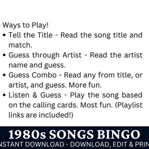 Jeu de bingo avec chansons classiques des années 80, 50 cartes, activité musicale intemporelle, jeu imprimable pour soirée familiale, PDF d'anniversaire pour les amateurs de rétro image 5