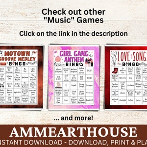 May include: Three printable bingo cards with a music theme. The cards are titled "Motown Groove Medley", "Girl Gang Anthem", and "Love Songs". Each card has a 5x5 grid with different music-related words or phrases in each square.