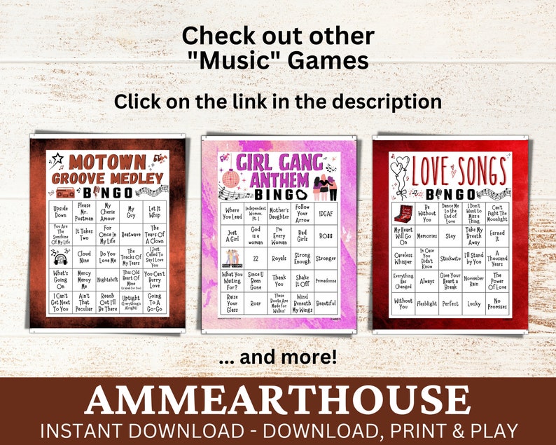 May include: Three printable bingo cards with a music theme. The cards are titled "Motown Groove Medley", "Girl Gang Anthem", and "Love Songs". Each card has a 5x5 grid with different music-related words or phrases in each square.