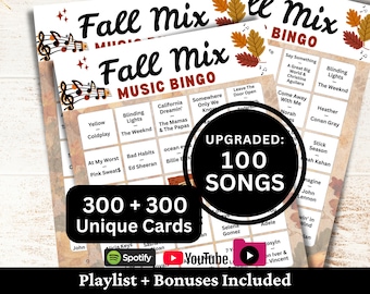 Bingo de 300 canciones de otoño, Bingo musical con ambiente otoñal y lista de reproducción, Juego imprimible para reuniones de cumpleaños, Fiesta familiar con amigos