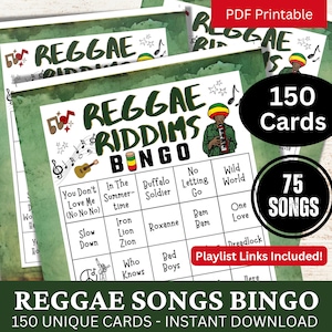 Cartão de bingo de canções de reggae 150, atividade de reunião relaxante, jogo temático de retrocesso, bingo de melodias de praia de verão, bingo de música de festa de groove com lista de reprodução