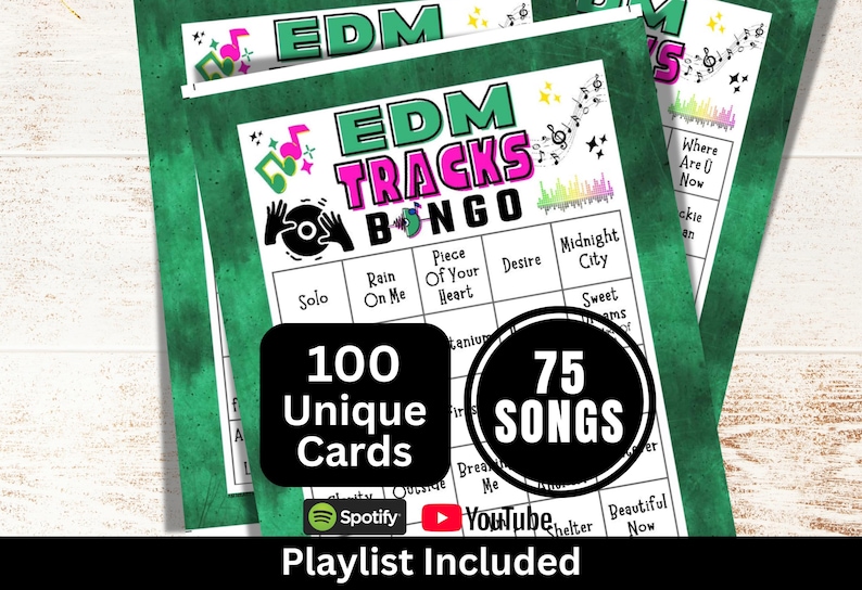 EDM Songs Bingo 100 Card, Trivia Night Game, Electronic Dance Music Bingo, Groove Party Music Bingo with Playlist, Friend Gathering Activity image 1