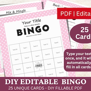 25 bearbeitbare Bingo Pastell Pink Vorlage PDF, DIY ausfüllbare Bingo Spielkarte, Benutzerdefiniert automatisch füllen, personalisiert Machen Sie Ihr eigenes Bingo