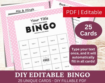 25 Editable Bingo Pastel Pink Template PDF, DIY Fillable Bingo Game Card, Custom Automatically Fill, Personalized Make Your Own Bingo