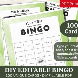 100 PDF de plantilla verde acuarela de bingo editable, tarjetas de juego rellenables de bricolaje, relleno automático personalizado, personalizado haga su propio generador