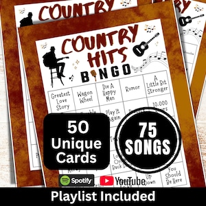 Country Music Songs Bingo 50 Cards, Music Party Activity with Playlist, Family Night Gathering Printable Game, Western Birthday Bash Bingo