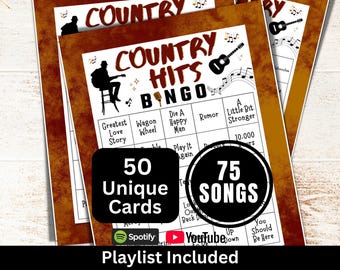 Bingo di canzoni country con 50 carte, attività per feste musicali con playlist, gioco stampabile per serate in famiglia, bingo per feste di compleanno western