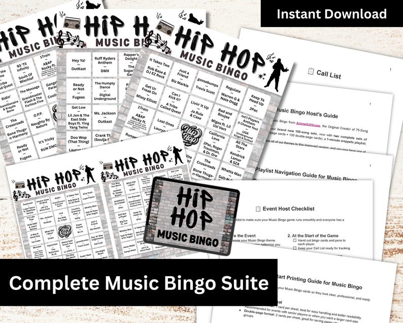 Hiphopnummers Bingo 300 kaarten, rapmuziekbingo met afspeellijst 100 nummers, Family Club Night Gathering afdrukbaar spel, activiteit verjaardagsfeestje afbeelding 2