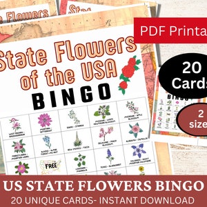 20 US State Flowers Bingo Game Card, Fun Travel Theme Road Trip Activity, United States Game Printable, Educational PDF for Kids and Adults