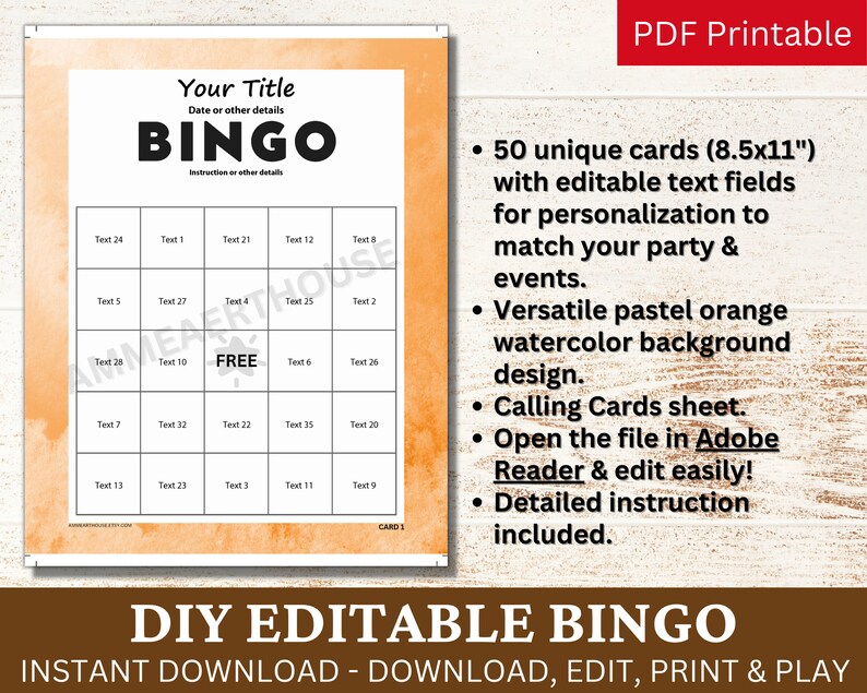 50 Editable Bingo Watercolor Orange Template PDF, DIY Fillable Game ...