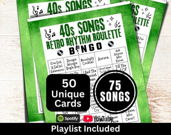 1940s Songs Bingo 50 Cards, 40s Music Bingo with Playlist for Senior, Family Reunion Party Game, Retro Birthday Theme Gathering Activity