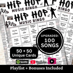 Hip Hop Songs Bingo Game 50 Cards, Rap Music Party Activity, Family Night Gathering Printable Game, Birthday Icebreaker PDF Game, Club Bingo
