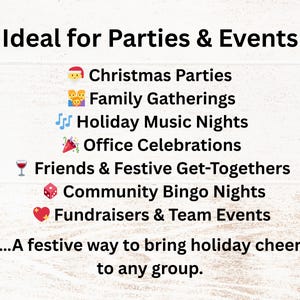 Ideal for Christmas parties, family gatherings, holiday music nights, office celebrations, and festive get-togethers with friends. Also great for community bingo nights, fundraisers, and team events. A cheerful way to bring holiday spirit and fun to any group celebration.