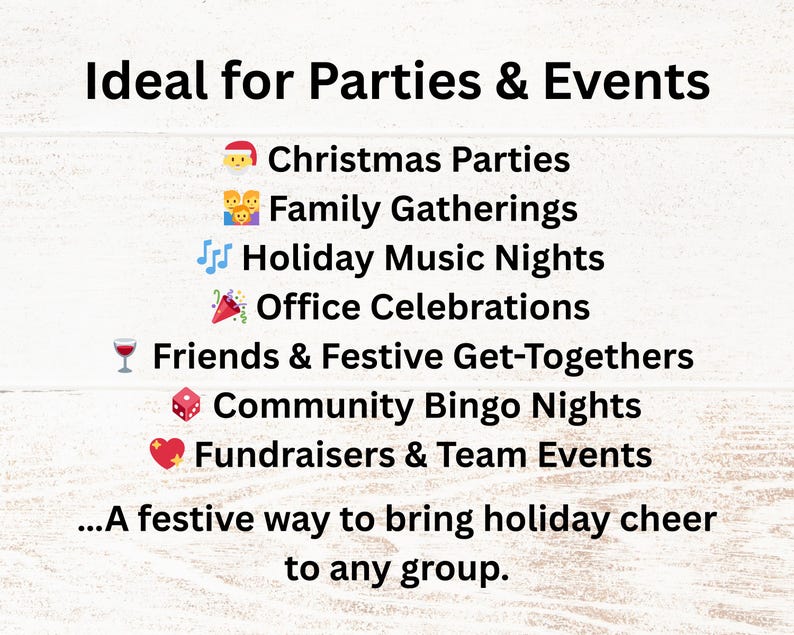 Ideal for Christmas parties, family gatherings, holiday music nights, office celebrations, and festive get-togethers with friends. Also great for community bingo nights, fundraisers, and team events. A cheerful way to bring holiday spirit and fun to any group celebration.
