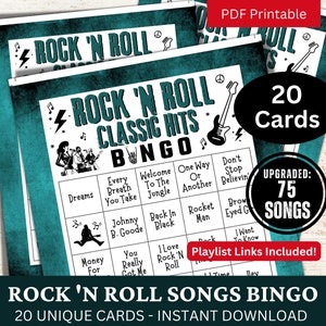 Bingo de 20 tarjetas de canciones clásicas de rock and roll, bingo musical con lista de reproducción, juego de éxitos de los años 90, 80, 70, 60 y 50 para reuniones familiares de adultos mayores