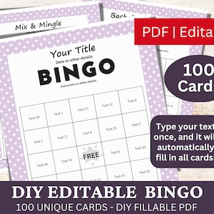 100 bearbeitbare Bingo Pastell Lila Vorlage PDF, DIY ausfüllbare Bingo Spielkarte, Benutzerdefiniert automatisch füllen, personalisiert Machen Sie Ihr eigenes Bingo